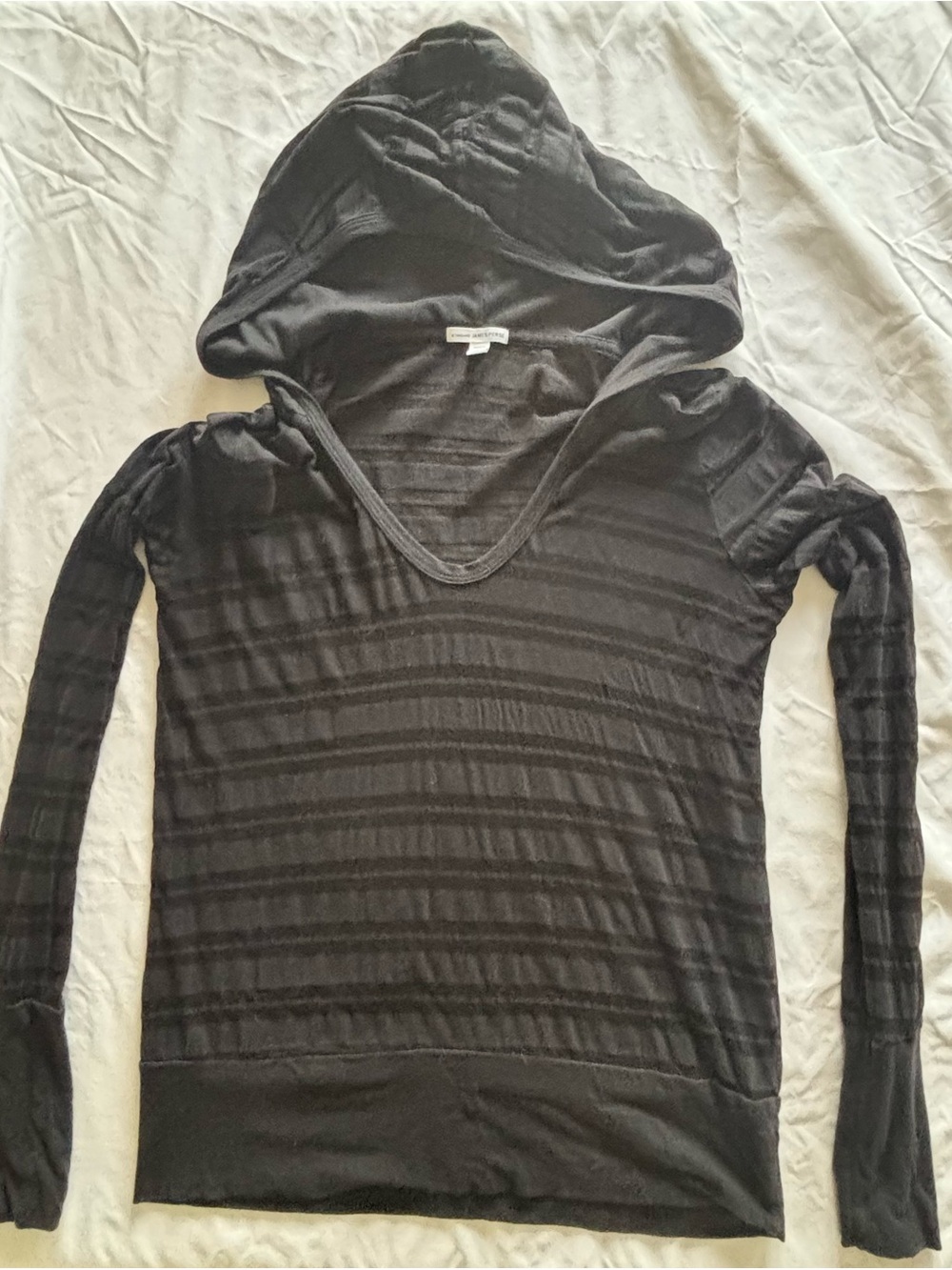 James Perse Black Sheer-Stripe Hooded Long-Sleeve Top